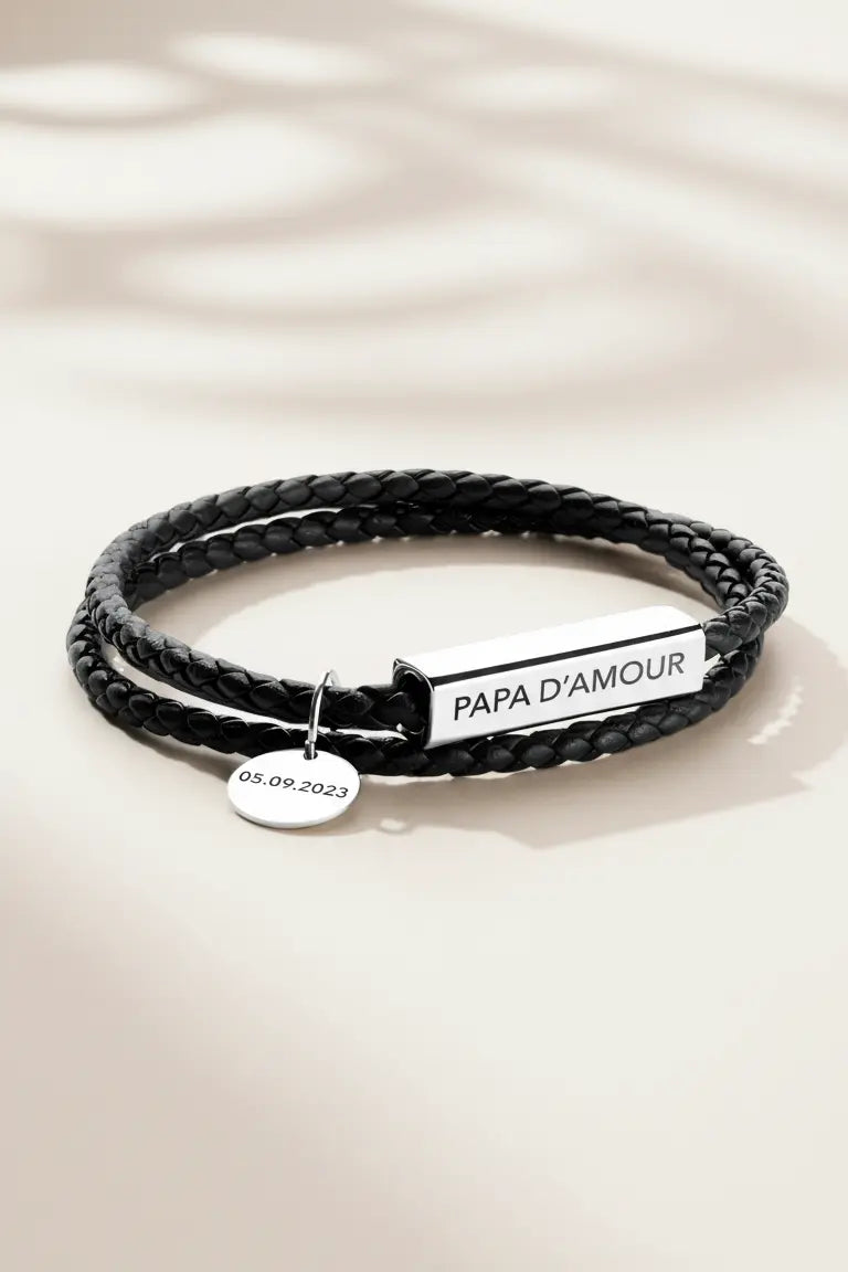Bracelet cuir avec coordonnées GPS gravées