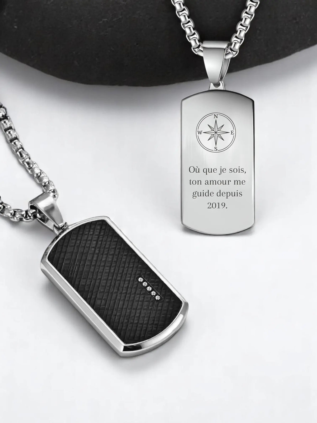 Collier homme avec message gravé boussole
